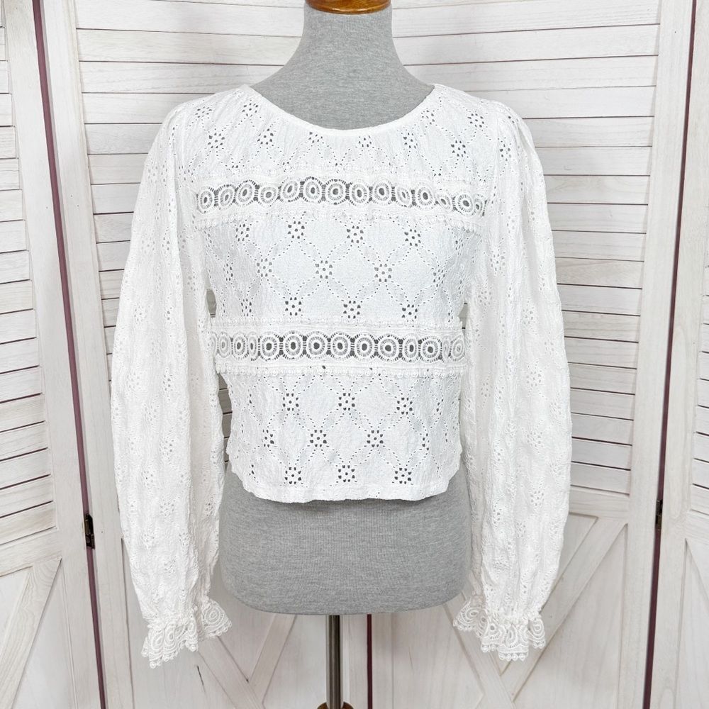 Zara Eyelet Balloon Sleeve Crop Top Shirt White Medium Cottagecore Boho Country